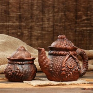 Чайный набор "Верёвка", 2 предмета, декор, красная глина, 1.5/0.8 л