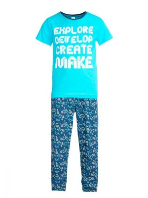 Пижама Пижама для мальчиков с принтом, футболка с брюкамиСостав: 100% хлопокРазмерный ряд: 28-42Ткань: кулирное полотноЦвет: голубой/набивка