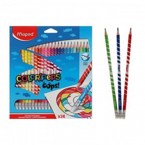 Карандаши 24 цвета, Maped Color Peps Oops, пластиковые, с ластиком, европодвес