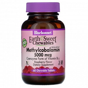 Bluebonnet Nutrition, EarthSweet, жевательные таблетки CellularActive, метилкобаламин, малиновый вкус, 5000 мкг, 60 жевательных таблеток
