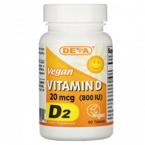 Deva, Vegan Vitamin D, D2, 20 mcg (800 IU), 90 Tablets