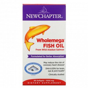 New Chapter, Wholemega Fish Oil, From Wild Alaskan Salmon, 1,000 mg, 60 Softgels