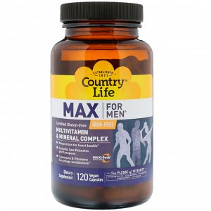 Country Life, Max for Men, мультивитаминный и минеральный комплекс, без железа, 120 веганских капсул
