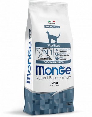 Monge Cat Monoprotein Sterilised Trout сухой корм для стерилизованных кошек с Форелью 10кгАКЦИЯ!