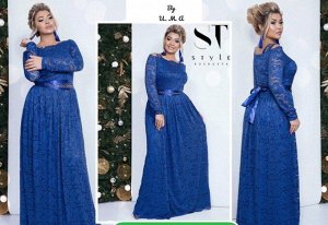 Платье SIZE PLUS длинное гипюр с подкладкой синее RH106