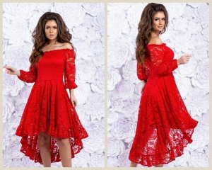 Платье гипюр с подкладкой удлиненное сзади красное RH