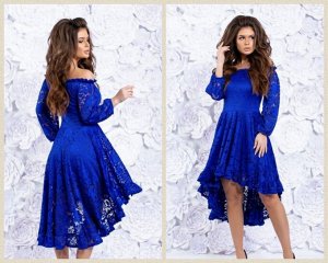 Платье гипюр с подкладкой удлиненное сзади яр-синее RH