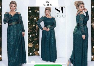 Платье SIZE PLUS длинное гипюр с подкладкой зеленое RH106