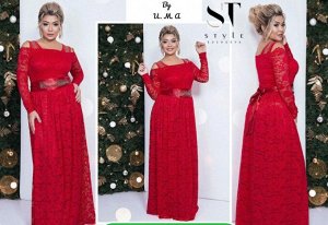 Платье SIZE PLUS длинное гипюр с подкладкой красное RH106