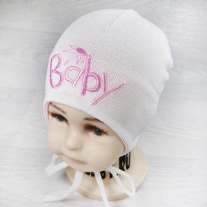 Вн1147-32 Шапка трикотажная на завязках с вышивкой BABY молочная