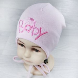 Вн1147-36 Шапка трикотажная на завязках с вышивкой BABY нежно-розовая