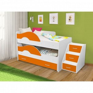 Кровать двухъярусная выкатная Матрешка Оранж/белый 800х1600 с ящиком и лестницей