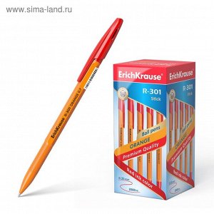 Ручка шариковая Erich Krause R-301 Orange Stick, узел 0.7 мм, чернила красные, длина линии письма 2000 метров, штрихкод на ручке