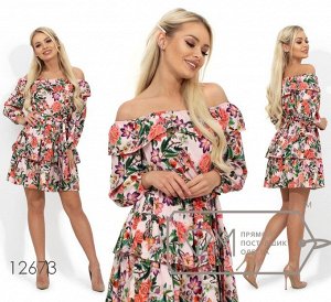 Летнее платье с цветочным принтом, открытыми плечами, по талии на резинке и съемным поясом Фабрика Моды 12673
