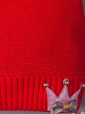 Шапка вязаная для девочки с ушками, на отвороте корона с бусинками и бантиком, красный