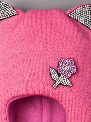 Шапка-шлем вязаная для девочки, с ушками, розовый цветочек из страз, темно-розовый