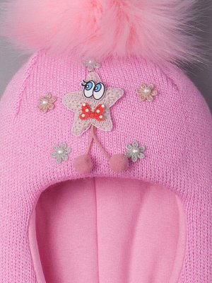 Шапка-шлем вязаная для девочки с помпоном, нашивка звездочка с глазками, лавандово-розовый