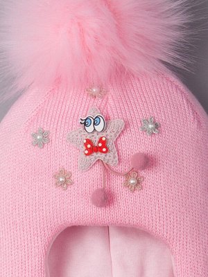 Шапка-шлем вязаная для девочки с помпоном, нашивка звездочка с глазками, светло-розовый