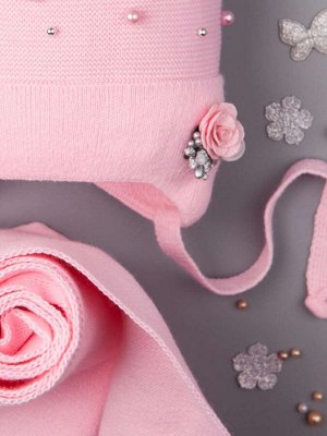 Шапка вязаная для девочки с помпоном, цветные бусинки, на отвороте розочка + шарф, розовый