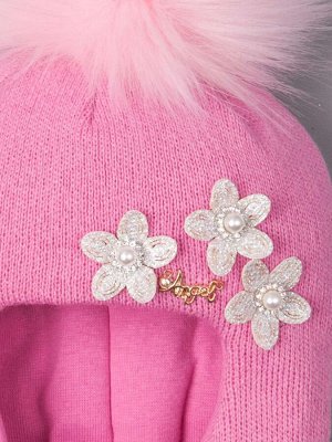 Шапка-шлем для девочки с помпоном, три цветочка, ангел, ярко-розовый