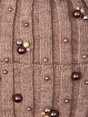 Шапка вязаная для девочки с помпоном, лапша, украшена коричневым и серебряными бусинками, коричневый