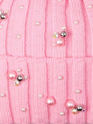 Шапка вязаная для девочки с помпоном, лапша, украшена розовыми и серебряными бусинками, розовый