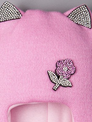 Шапка-шлем вязаная для девочки, с ушками, цветочек из страз, лавандово-розовый