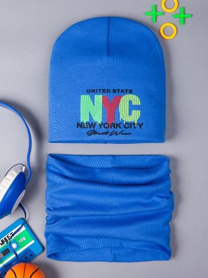 Шапка трикотажная для мальчика формы лопата, цветные буквы NYC + снуд, темно-голубой