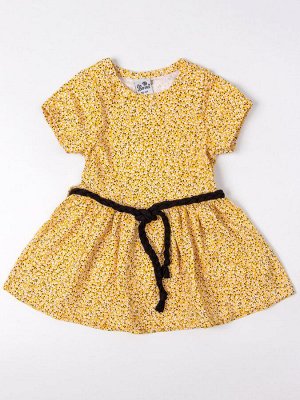 Платье трикотажное с коротким рукавом для девочки с поясом, мелкие цветочки, желтый 104-4y