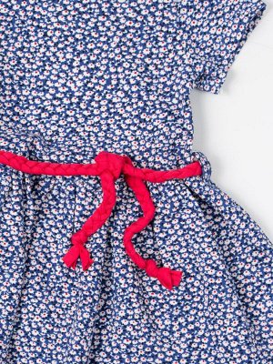Платье трикотажное с коротким рукавом для девочки с поясом, мелкие цветочки, синий 98-3y