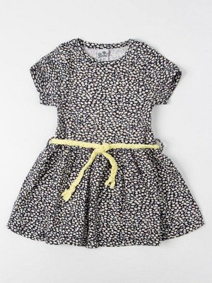 Платье трикотажное с коротким рукавом для девочки с поясом, мелкие цветочки, темно-серый 104 4y