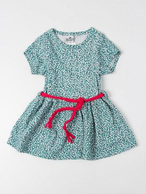 Платье трикотажное с коротким рукавом для девочки с поясом, мелкие цветочки, зеленый 92-98