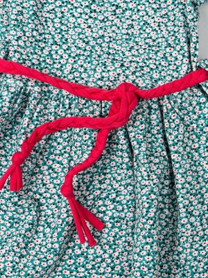 Платье трикотажное с коротким рукавом для девочки с поясом, мелкие цветочки, зеленый 104-4y