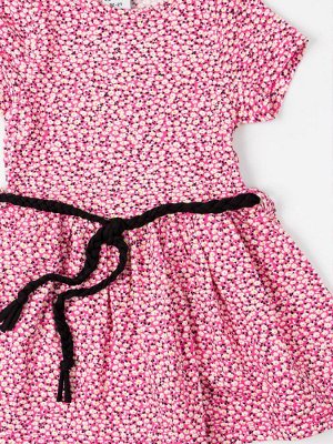 Платье трикотажное с коротким рукавом для девочки с поясом, мелкие цветочки, розовый 104-4y