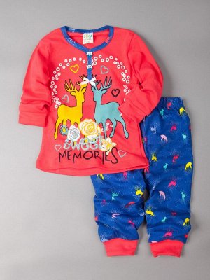 Пижама для девочки с длинными рукавами, цветные олени, фуксия 1-86