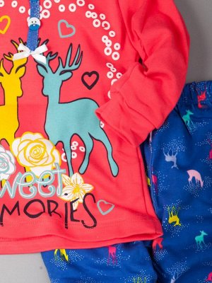 Пижама для девочки с длинными рукавами, цветные олени, фуксия 1-86