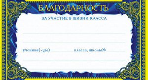 ШМ-7481 Мини-диплом Благодарность за участие в жизни класса (детский) (формат 110х205)