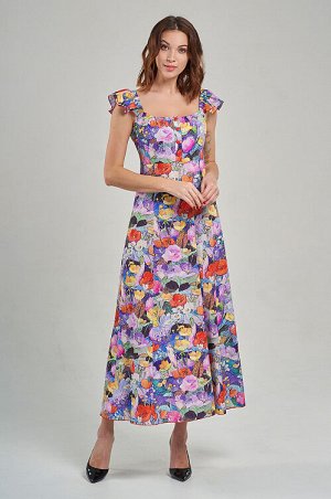 Платье Легкий, приятный к телу стильный сарафан с цветочным принтом подойдет для многих типов фигур.Отрезной под грудью. Бретели с рюшами придают романтичности изделию.Лиф декорирован рядом пуговиц.От