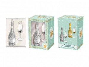 Новогоднее подвесное украшение Бутылка и бокал серебристые: набор из 2 шт., 4,5х14,5х4,5