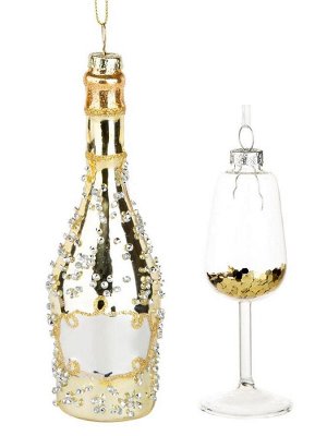 Новогоднее подвесное украшение Бутылка и бокал золотистые: набор из 2 шт., 4,5х14,5х4,5