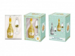 Новогоднее подвесное украшение Бутылка и бокал золотистые: набор из 2 шт., 4,5х14,5х4,5