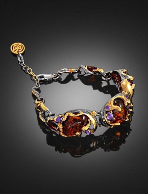 Роскошный браслет из янтаря коньячного цвета в золочённом серебре «Помпадур», 812610090