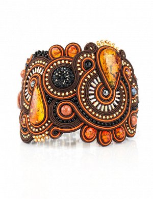 Плетеный браслет с вставками из натурального коньячного янтаря и кристаллов «Индия», 505211481