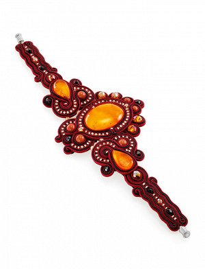 Нарядный плетёный браслет, украшенный натуральным цельным янтарём и кристаллами «Индия», 905201258