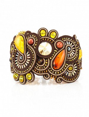 Плетеный браслет с вставками из натурального двухцветного янтаря и кристаллов «Индия», 505211480