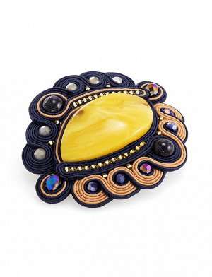 Плетёная брошь, украшенная натуральным янтарём, авантюрином и кристаллами «Индия», 907901144