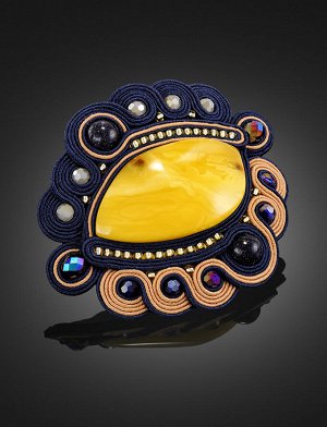 Плетёная брошь, украшенная натуральным янтарём, авантюрином и кристаллами «Индия», 907901144