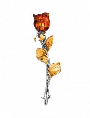 Изящная брошь из серебра с позолотой и натуральным коньячным янтарём «Роза», 907912096