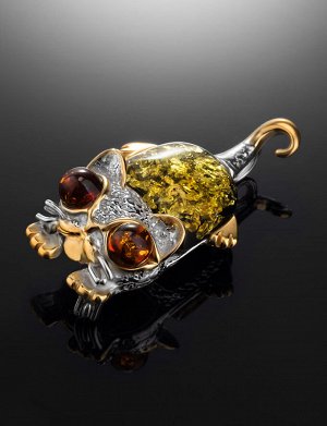 Замечательная серебряная брошь «Котёнок» из серебра и натурального янтаря, 907912095
