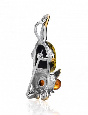 Замечательная серебряная брошь «Котёнок» из серебра и натурального янтаря, 907912095